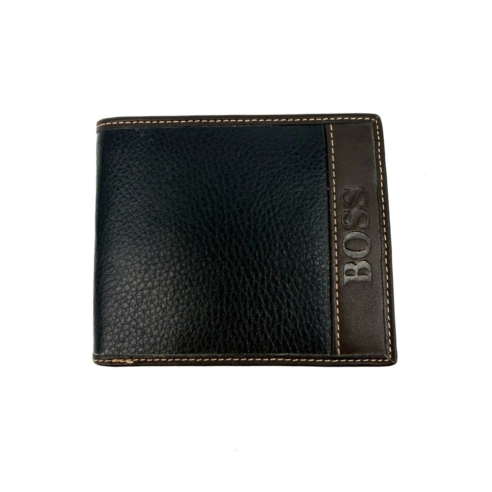 Hugo Boss Mens Bifold Wallet Black Brown Leather Textured Contrast Stitching
